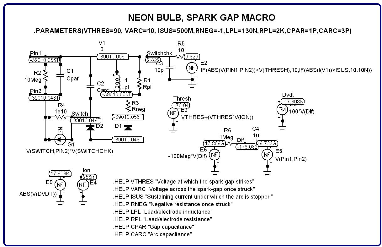 The nodal voltages of the spark gap, macro (equivalent circuit) modeling the neon bulb on the left-hand side of this circuit, labeled: X1...